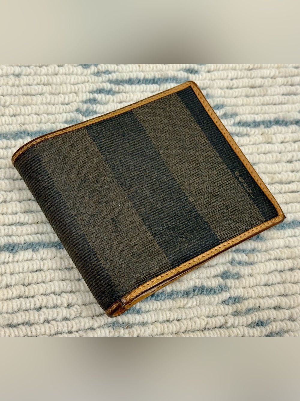 FENDI Vintage 80’s Unisex Classic Pequin Striped Canvas Brown Leather Bi Wallet - Picture 3 of 16